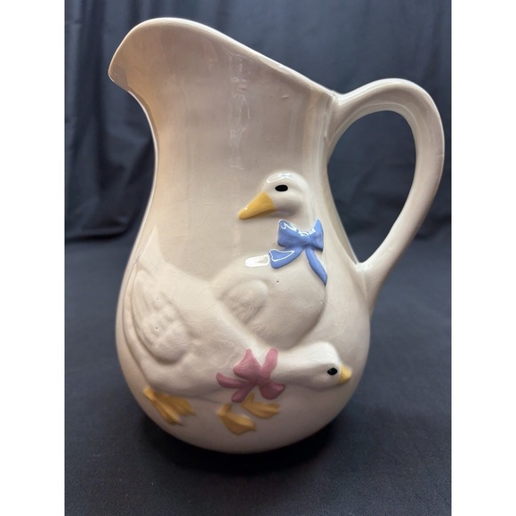 Unmarked Other - Vintage Otagiri Bowed Goose Pitcher Hand Painted White Geese 1983 Ceramic